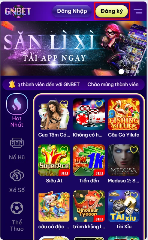 Chọn mục đăng ký tại giao diện chính GNBET