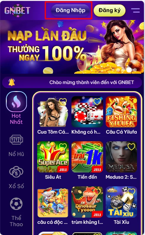 Chọn mục đăng nhập GNBET tại giao diện chính của trang chủ