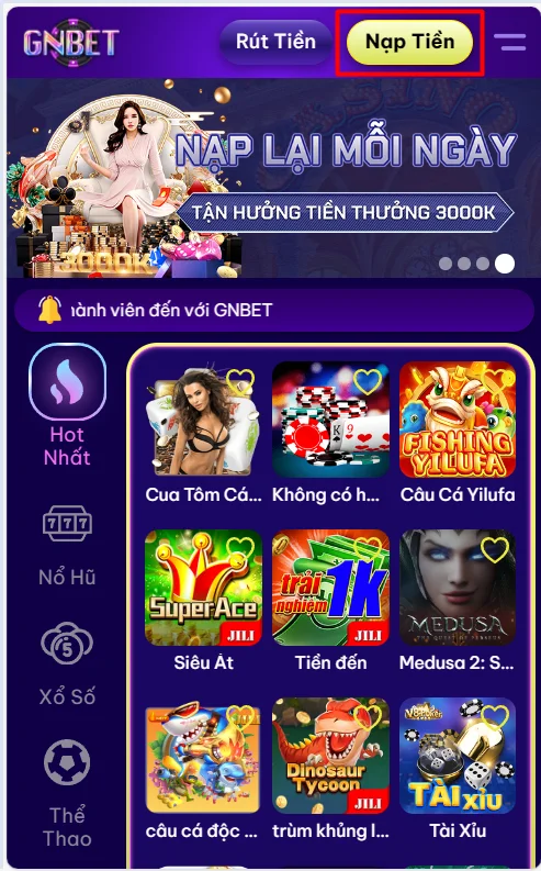 Chọn mục nạp tiền GNBET tại giao diện chính của nhà cái