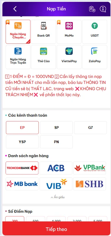 Lựa chọn phương thức nạp tiền GNBET