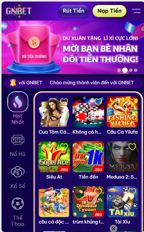 Lựa chọn rút tiền ở giao diện chính của GNBET