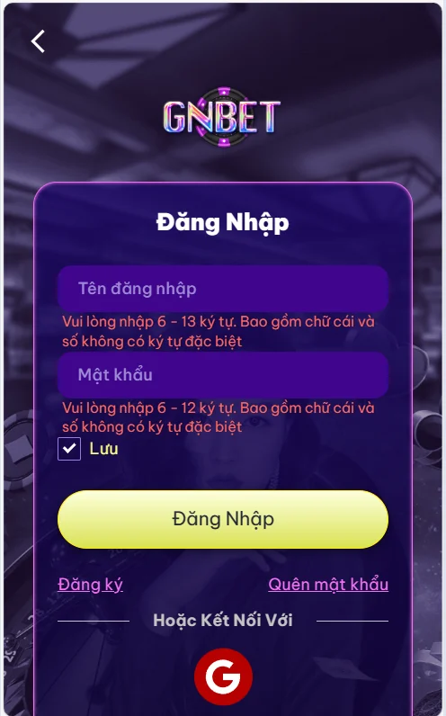Form đăng nhập GNBET