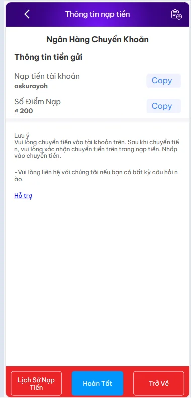 Hoàn thành nạp tiền GNBET